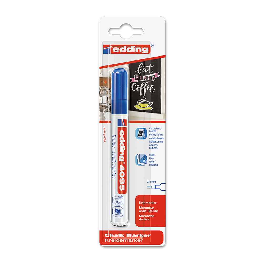 Marker Edding 4095 cu creta lichida, varf 2-3 mm, albastru, blister Marker Edding 4095 cu creta lichida, varf 2-3 mm, albastru, blister